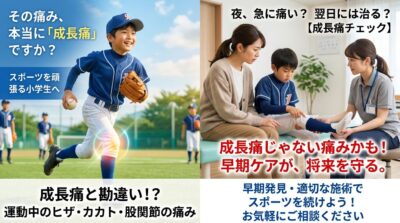 野球をする小学生の男の子と、整骨院でお母さんに見守られながら膝のチェックを受けている様子の比較画像。左側には「成長痛と勘違い！？運動中のヒザ・カカトの痛み」