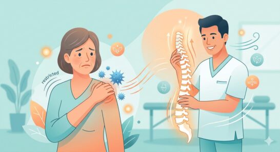 四十肩・五十肩の痛みで悩む女性と、原因となる背骨の歪みを調整する施術者のイラスト