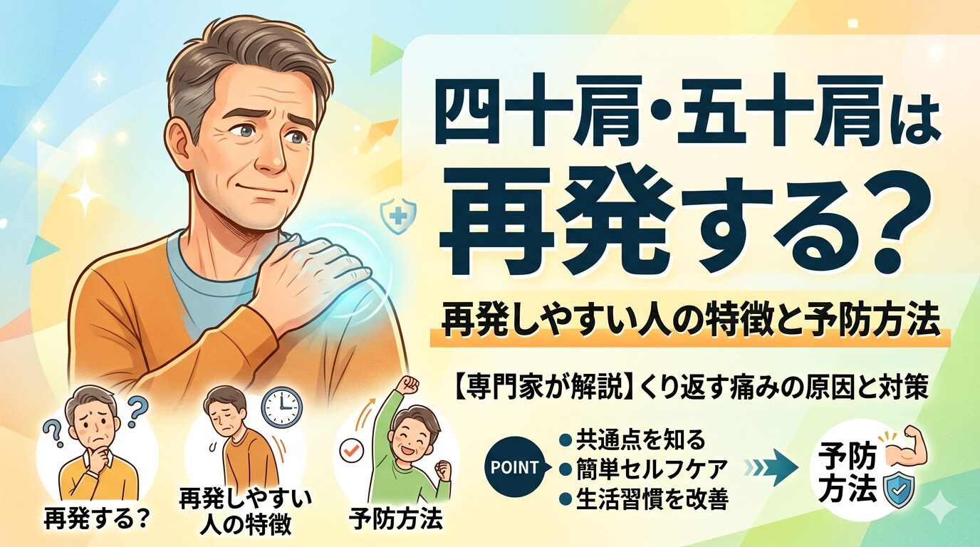 四十肩・五十肩の再発に悩む男女と、猫背や背骨ケアなど再発原因と予防方法を示したイラスト